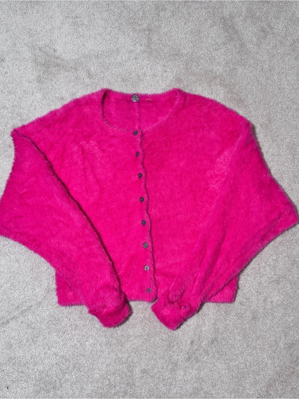 Free People Fuzzy Button-Front Sweater Cardigan - Hot Pink